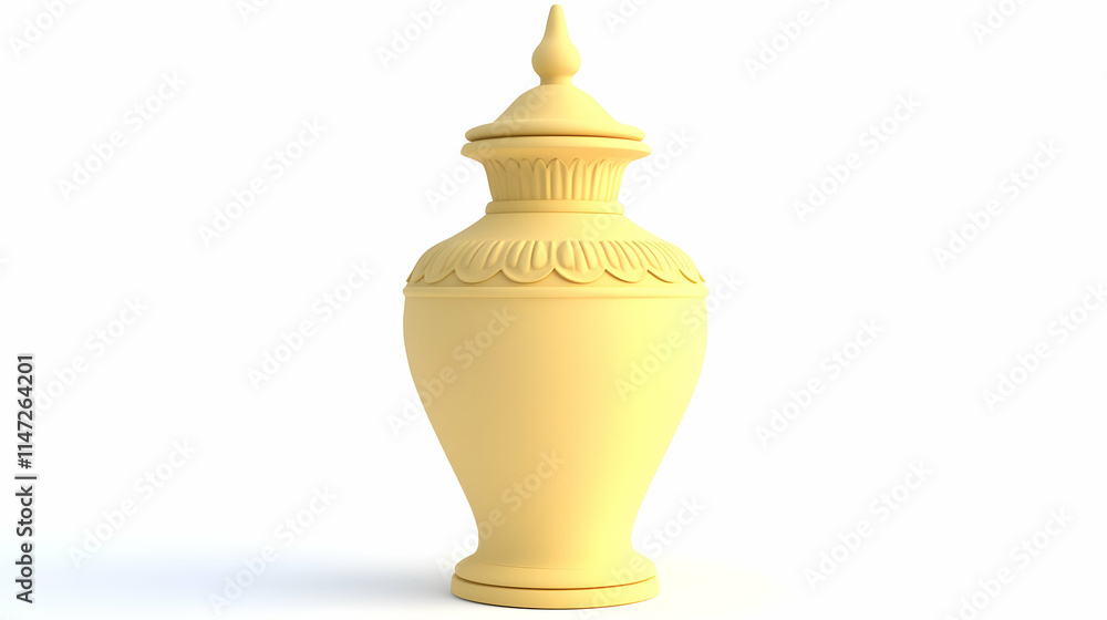 A decorative yellow urn with a lid, featuring intricate detailing and a classic shape. A decorative yellow urn with a lid, featuring intricate detailing and a classic shape.