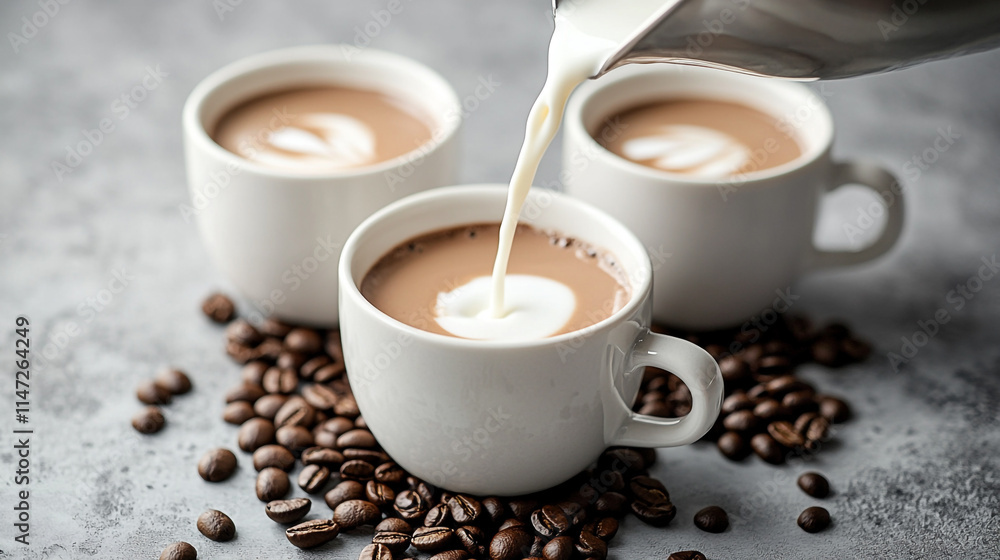 Delightful coffee cups with milk being poured and coffee beans scattered. Generative AI Delightful coffee cups with milk being poured and coffee beans scattered. Generative AI