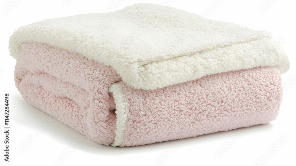 A folded fluffy blanket in pink and white, perfect for warmth and comfort. A folded fluffy blanket in pink and white, perfect for warmth and comfort.