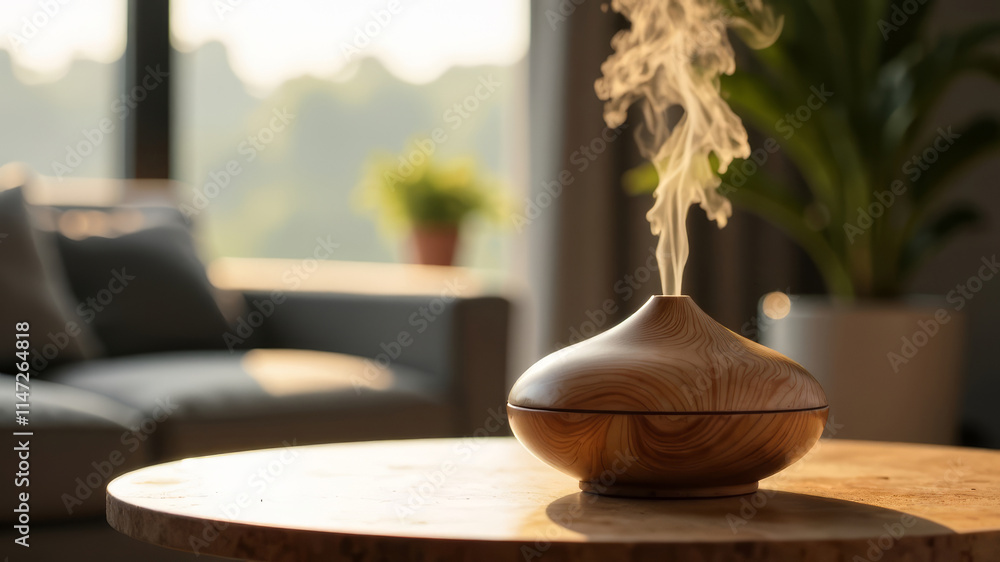 Aroma oil diffuser on table in room on the table, in the foreground, steam coming out of it, modern loft interior, soft light, copy space Aroma oil diffuser on table in room on the table, in the foreground, steam coming out of it, modern loft interior, soft light, copy space