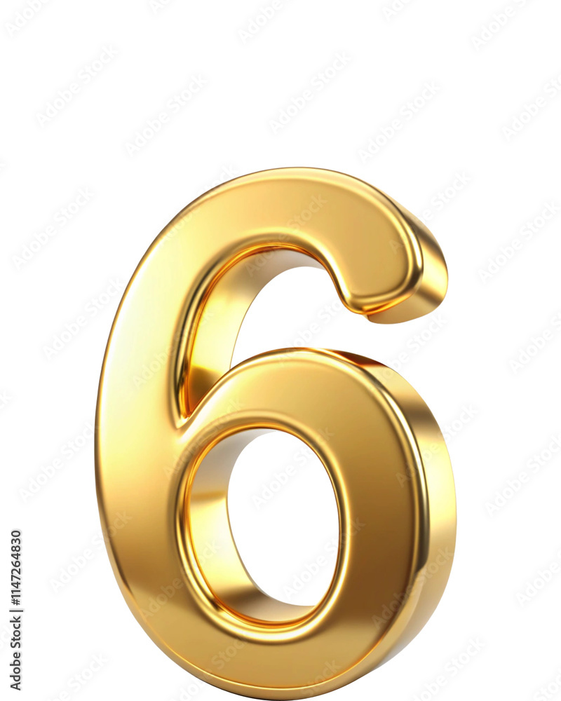 3d golden number 6 on white background