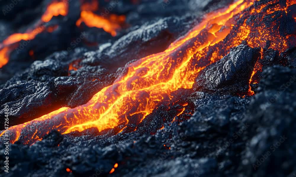 Close-up of glowing lava flow on a volcanic surface, showcasing the intense heat and texture. Close-up of glowing lava flow on a volcanic surface, showcasing the intense heat and texture.