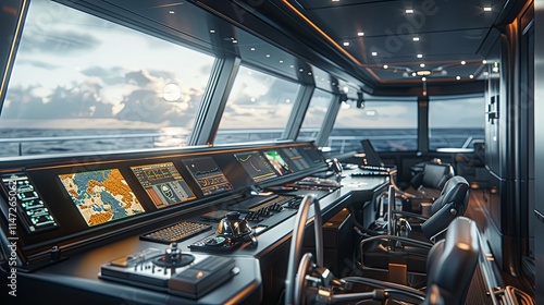 Modern Luxury Yacht Bridge with Advanced Navigation Technology and Ocean View