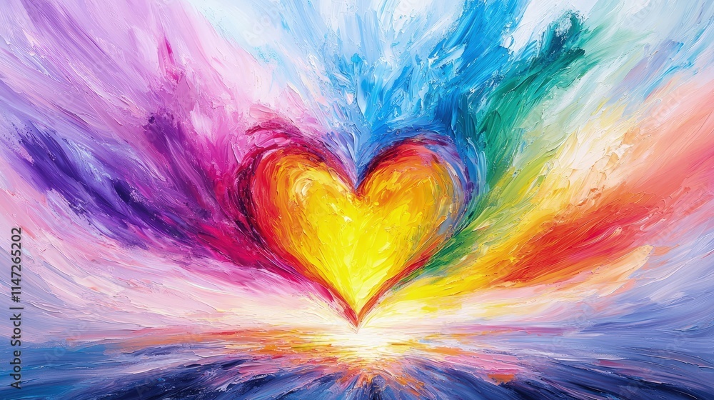 Vibrant rainbow heart painting, abstract art.