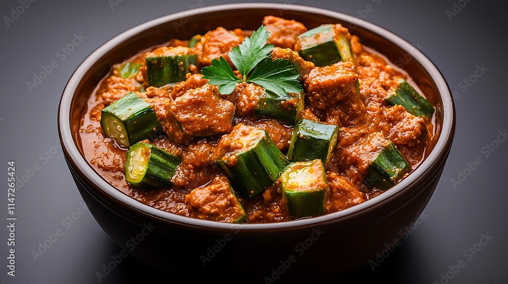 Spicy Okra and Meat Stew in a Brown Bowl Spicy Okra and Meat Stew in a Brown Bowl