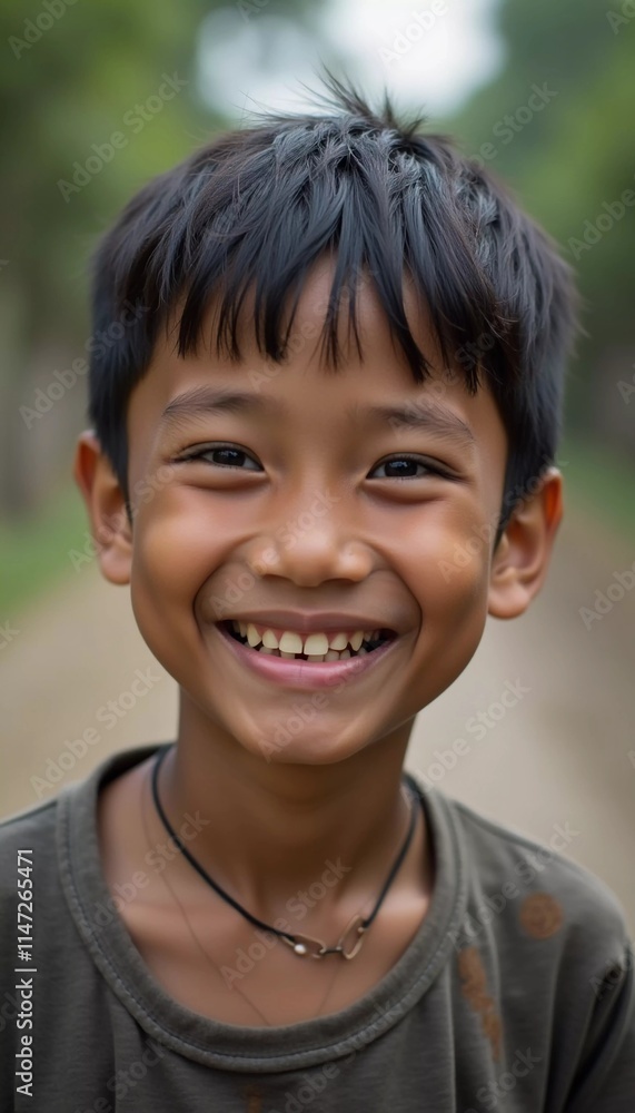 A happy boy around seven years old smiles brightly while enjoying the tranquil surroundings of rural Thailand. His carefree spirit captures the essence of childhood. Generative AI A happy boy around seven years old smiles brightly while enjoying the tranquil surroundings of rural Thailand. His carefree spirit captures the essence of childhood. Generative AI