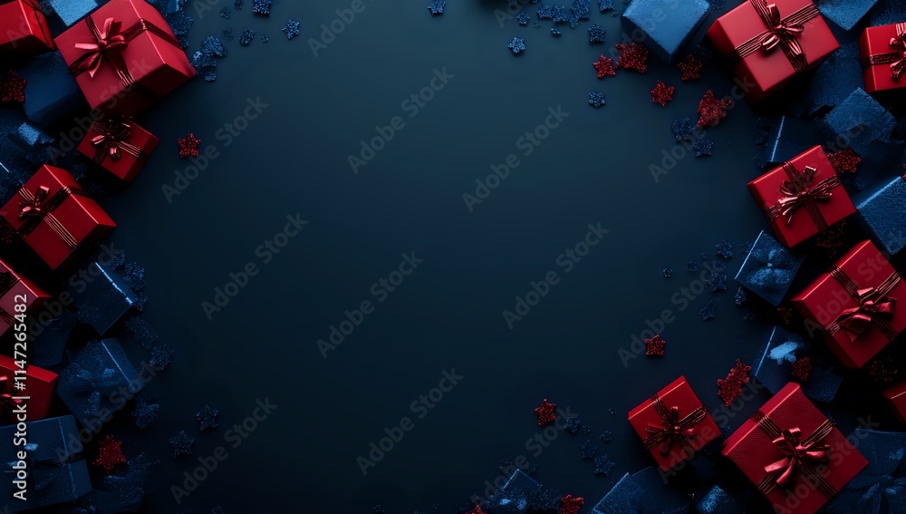 Obraz premium Red and Blue Gifts Wrapped with Bows and Stars Festive Holiday Season Celebration