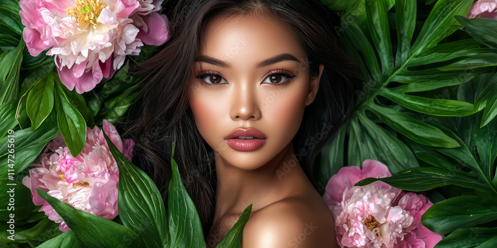 Naklejka premium A stunning woman with flawless makeup and elegant, long hair, surrounded by delicate pink peonies and lush green foliage, generative AI