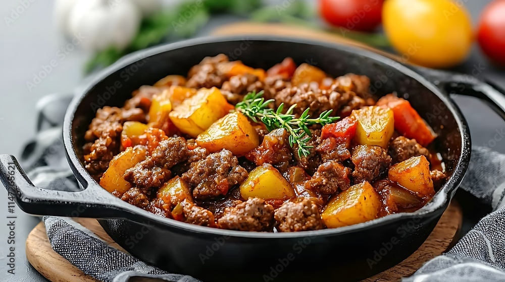 Hearty Beef and Potato Stew in Cast Iron Skillet Hearty Beef and Potato Stew in Cast Iron Skillet