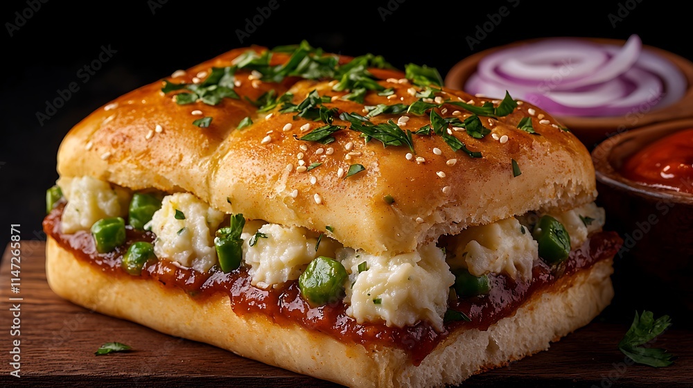Delicious Sesame Bread Sandwich with Peas and Creamy Filling Delicious Sesame Bread Sandwich with Peas and Creamy Filling