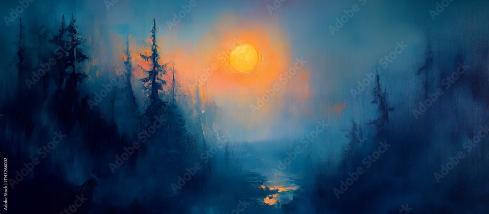 misty forest lake landscape at sunset with orange sun and silhouetted pine trees reflecting on calm water digital art nature painting misty forest lake landscape at sunset with orange sun and silhouetted pine trees reflecting on calm water digital art nature painting