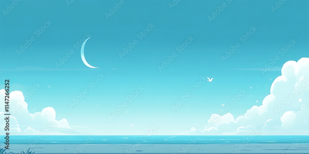 Serene Seascape Under a Crescent Moon and Sky Serene Seascape Under a Crescent Moon and Sky