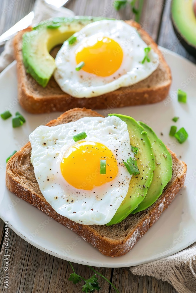 A delicious breakfast plate featuring toasted bread topped with sliced avocado and sunny-side-up eggs, garnished with green onions. A delicious breakfast plate featuring toasted bread topped with sliced avocado and sunny-side-up eggs, garnished with green onions.