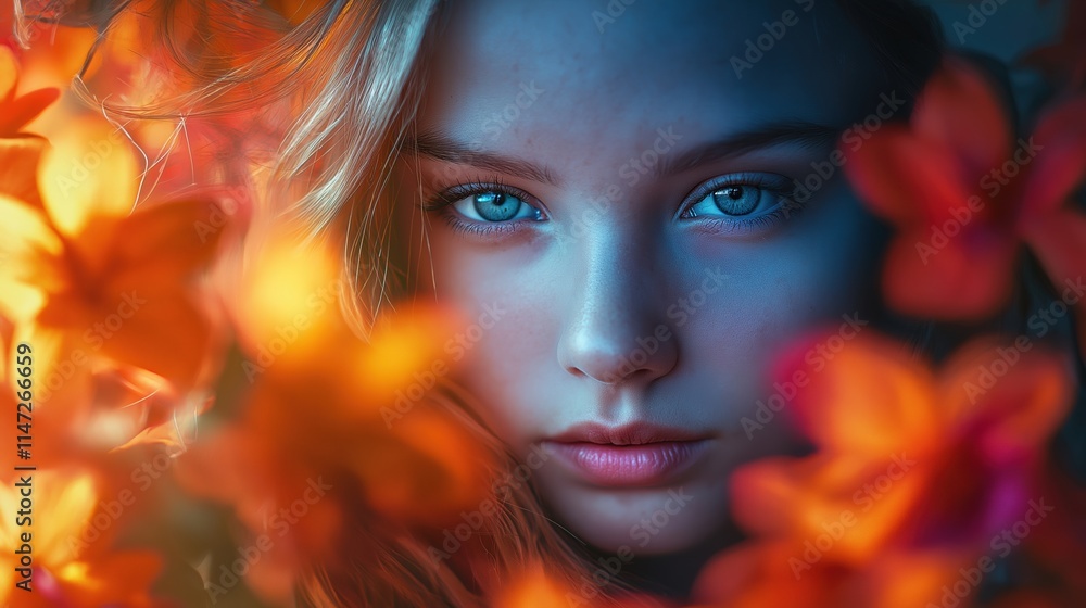 Captivating girl amidst vibrant flowers in a serene setting Captivating girl amidst vibrant flowers in a serene setting