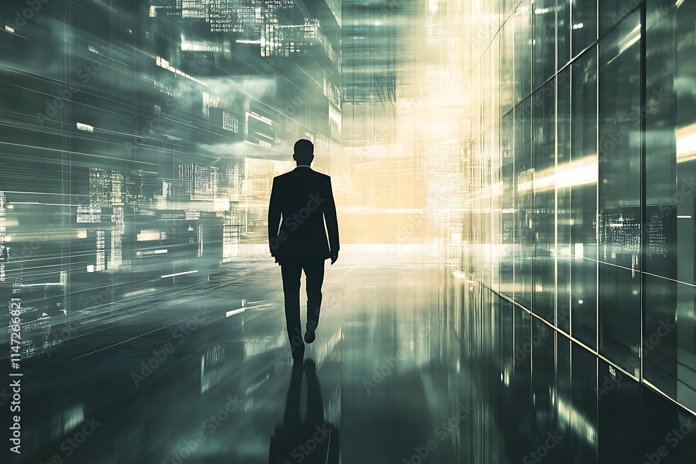 Businessman walking towards bright future. Digital transformation concept. Businessman walking towards bright future. Digital transformation concept.