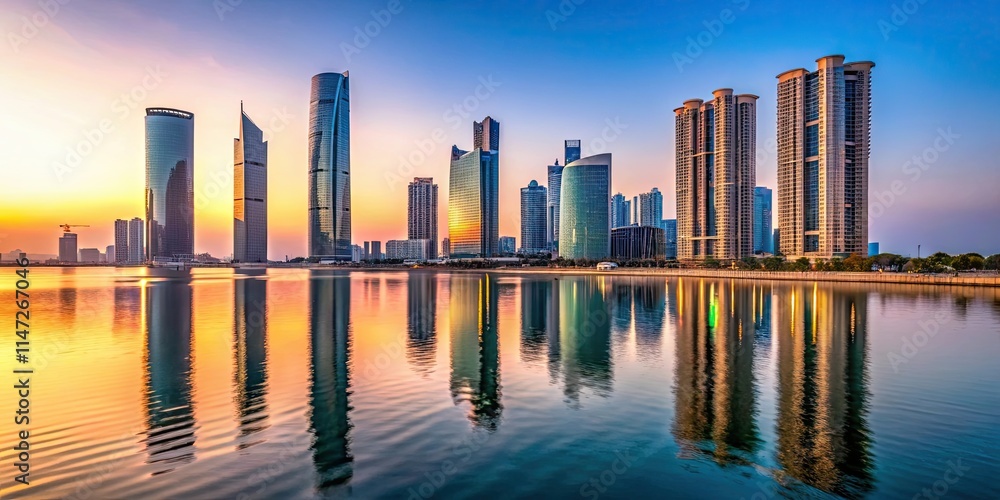Fototapeta premium Architecture on Al Reem Island in Abu Dhabi at dawn, al reem island architecture