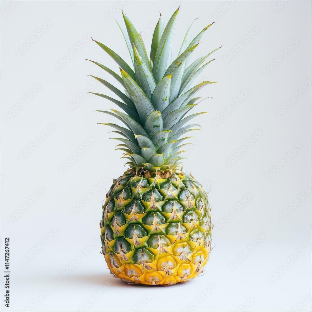 Fototapeta premium A ripe pineapple with a yellow crown on a white background.