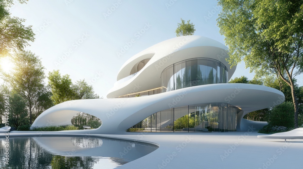 A sleek, curving white architectural facade gleams under bright sunlight, showcasing a seamless, modern aesthetic with clean lines and sharp design A sleek, curving white architectural facade gleams under bright sunlight, showcasing a seamless, modern aesthetic with clean lines and sharp design