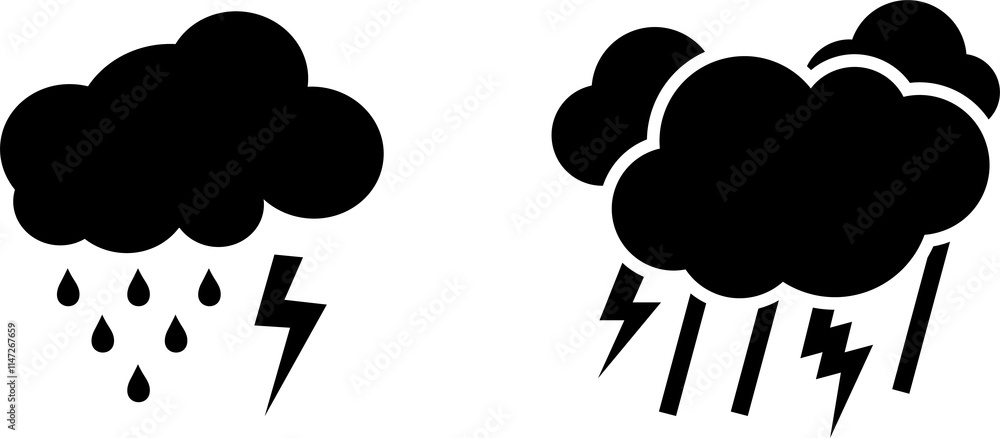 Black Icons Thunderclouds with Rain. Heavy rain. Weather Vector Icon Black Icons Thunderclouds with Rain. Heavy rain. Weather Vector Icon