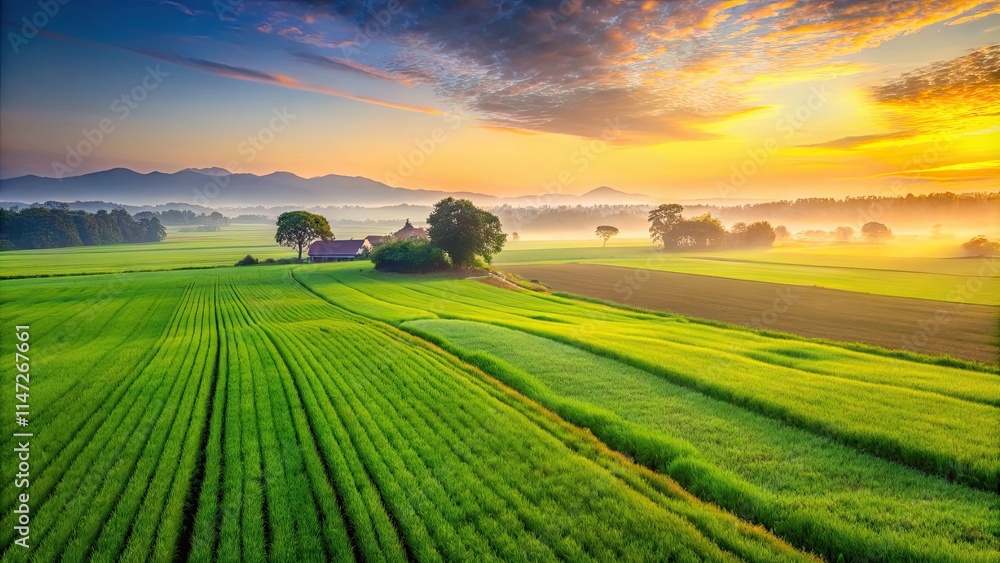 Obraz premium Green farmland at dawn, agriculture land, green fields, sunrise scenes
