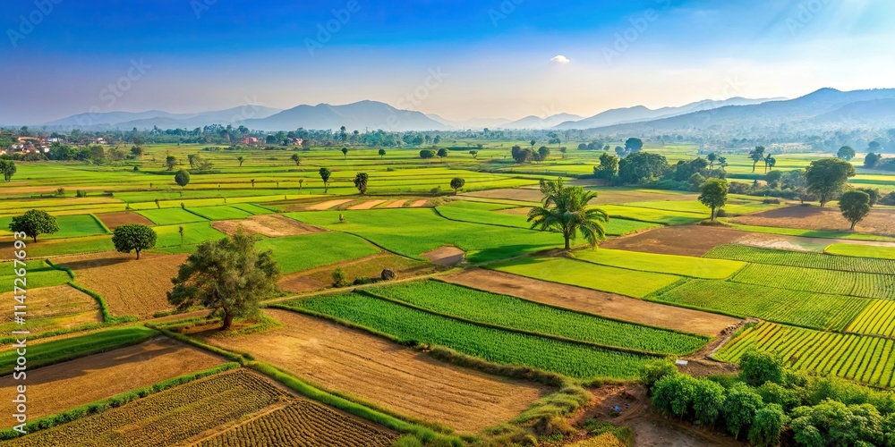 Naklejka premium farmlands of India, agriculture land, green farm, Indian countryside, rural landscape