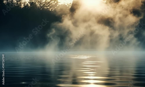 Ethereal mist rises over calm water, creating a serene and tranquil atmosphere.