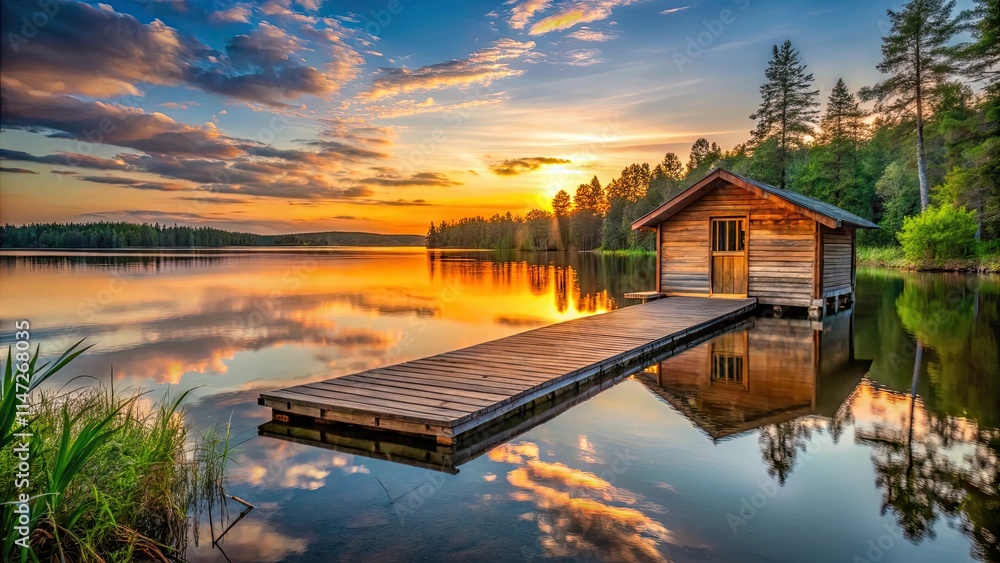 Fototapeta premium Childrens summer camp cabin with a wooden dock on a lake at sunset, camp life