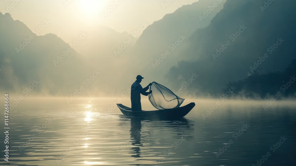 Silhouetted fisherman in a small boat on a misty lake at sunrise, casting a net. Silhouetted fisherman in a small boat on a misty lake at sunrise, casting a net.