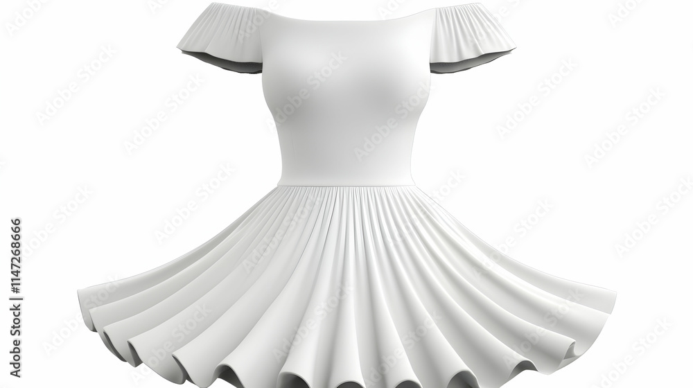 A stylish white dress with off-shoulder sleeves and a flared, pleated skirt design. A stylish white dress with off-shoulder sleeves and a flared, pleated skirt design.