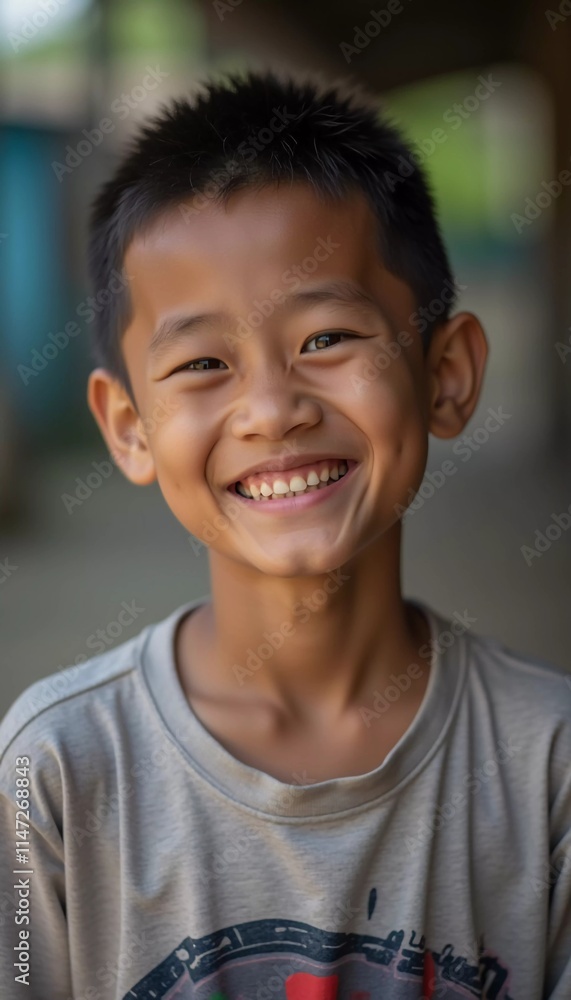 A cheerful boy residing in Thailand beams with happiness, revealing his playful spirit and bright personality. His smile radiates warmth and joy against a colorful backdrop. Generative AI A cheerful boy residing in Thailand beams with happiness, revealing his playful spirit and bright personality. His smile radiates warmth and joy against a colorful backdrop. Generative AI