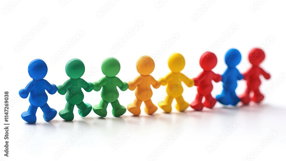 Colorful plastic figurines holding hands in a row Colorful plastic figurines holding hands in a row