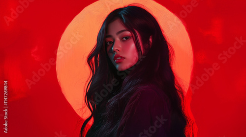 Portrait of a beautiful young woman with a long hair  on a red background , model girl with long hairstyle