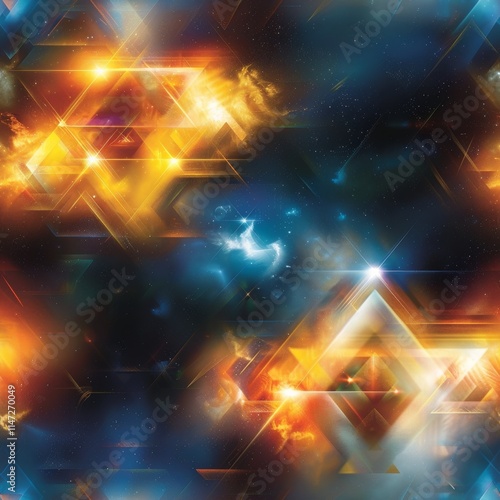 Vibrant abstract design of floating triangles creating a colorful composition in space