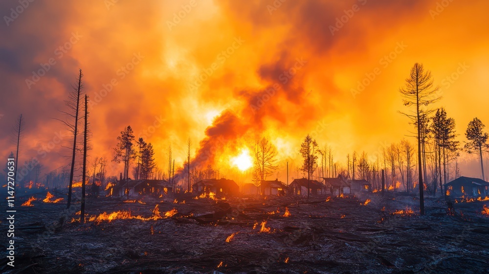 Village Destroyed by Wildfire at Sunset. Village Destroyed by Wildfire at Sunset.
