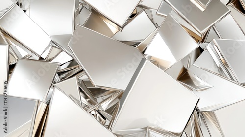 Abstract background of scattered metallic silver and gold geometric shapes.