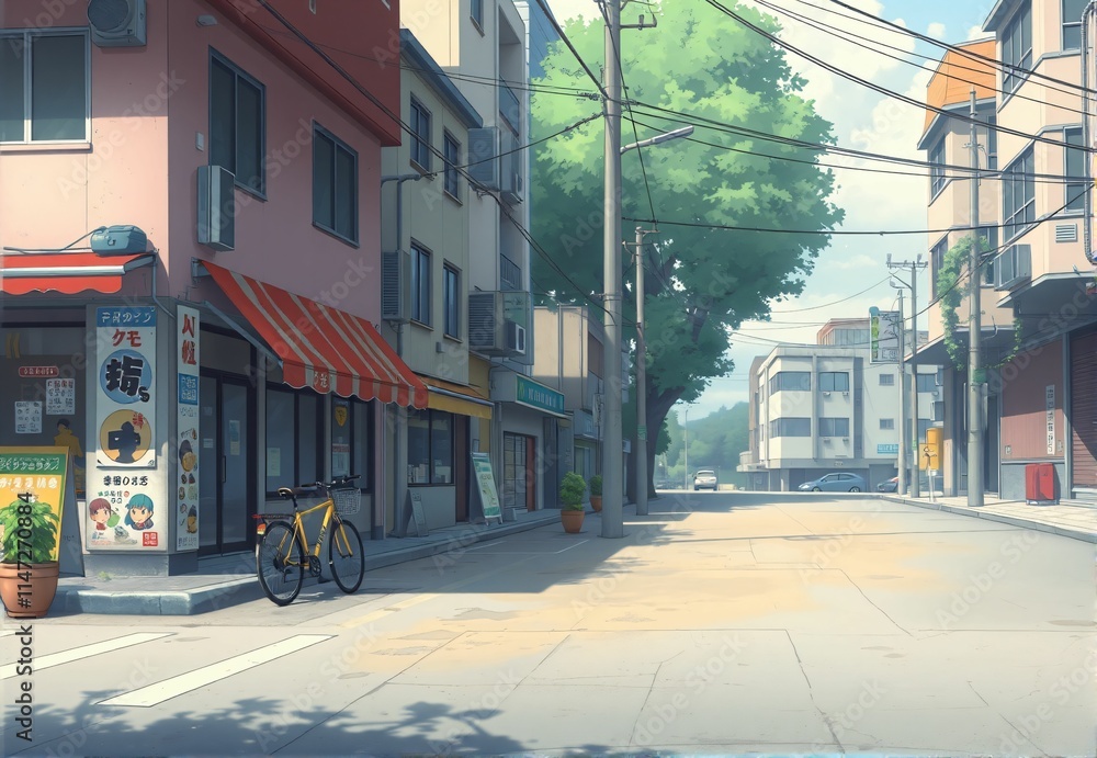 Serene Summer Day in a Japanese Street: Anime-Style Cityscape Illustration Serene Summer Day in a Japanese Street: Anime-Style Cityscape Illustration
