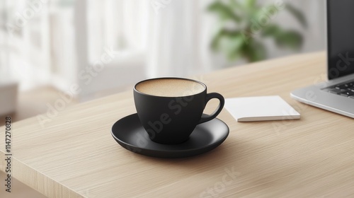 A sleek black coffee cup on a minimalistic wooden table beside a laptop and a notepad in a bright workspace