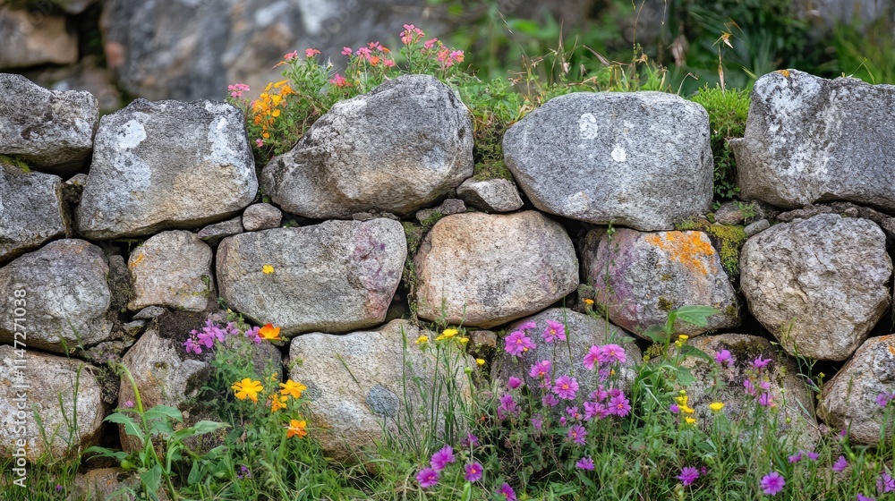 Close-up of weathered stone masonry from Machu Picchu, surrounded by colorful wildflowers and lush greenery, showcasing the impressive and ancient craftsmanship Close-up of weathered stone masonry from Machu Picchu, surrounded by colorful wildflowers and lush greenery, showcasing the impressive and ancient craftsmanship
