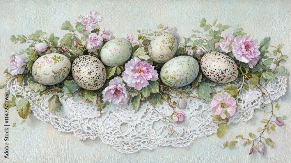 Obraz premium Delicate hand-painted Easter eggs surrounded by pink flowers on a lace background, perfect for spring decor and festivities.