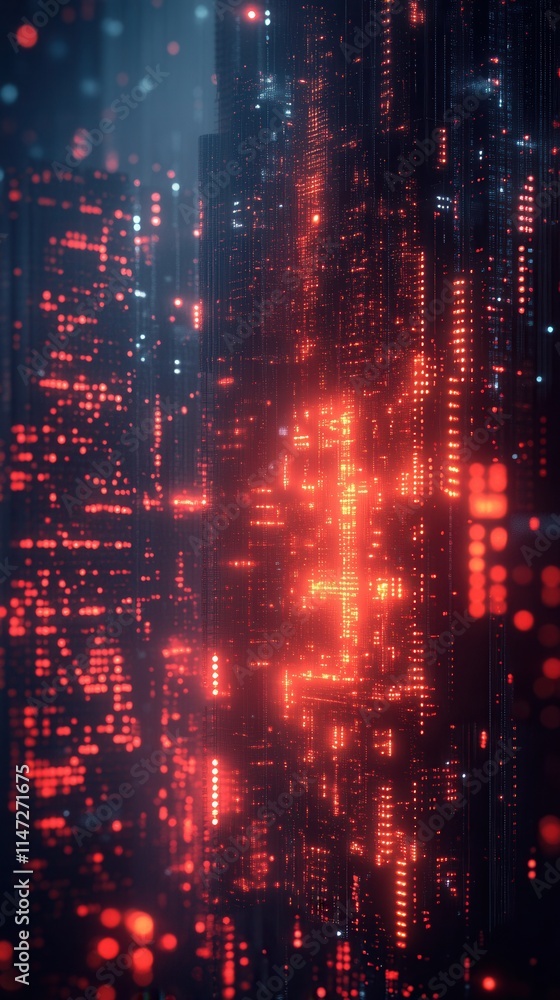 A digital abstract representation featuring glowing red and orange lights against a dark background, evoking a futuristic theme.