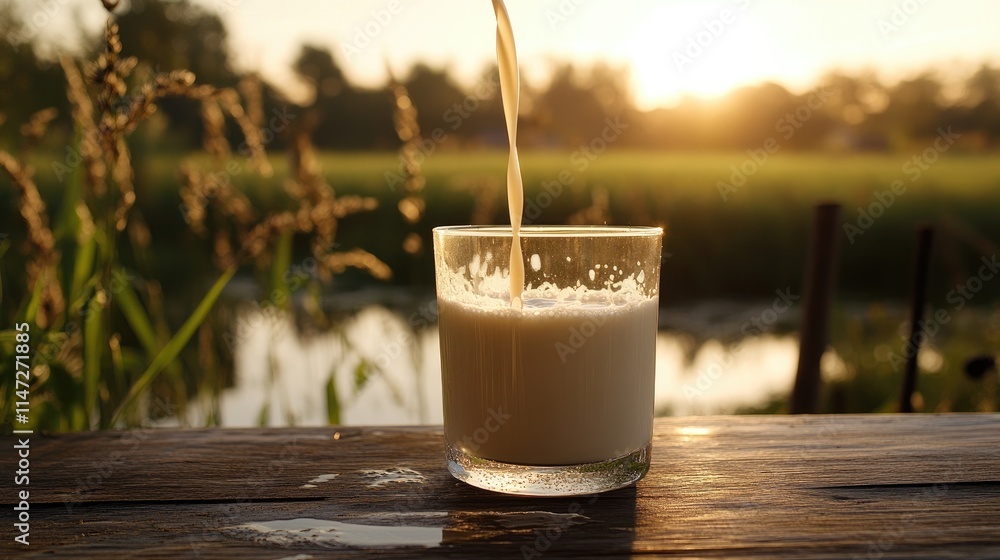 Fresh soy milk being poured into a glass on a wooden table, set against a serene farm backdrop, capturing the purity and natural essence of farm-to-table living Fresh soy milk being poured into a glass on a wooden table, set against a serene farm backdrop, capturing the purity and natural essence of farm-to-table living