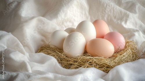 A serene collection of freshly laid eggs nestled in a natural straw nest atop a soft, white fabric background