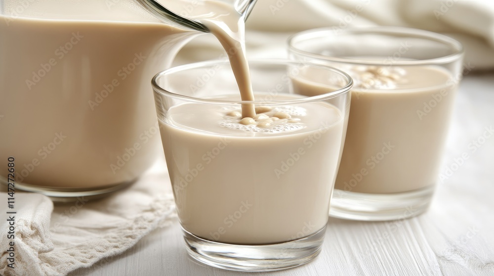 Soy milk being poured into a glass from a jug on a clean white table, emphasizing the smooth and fresh quality of the drink Soy milk being poured into a glass from a jug on a clean white table, emphasizing the smooth and fresh quality of the drink