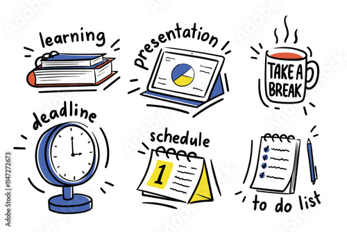 Work or school hand drawn doodle vector illustration set. Line art of books, tablet, mug, clock, calendar, and notebook. Learning, presentation, take a break, deadline, schedule, to do list.
