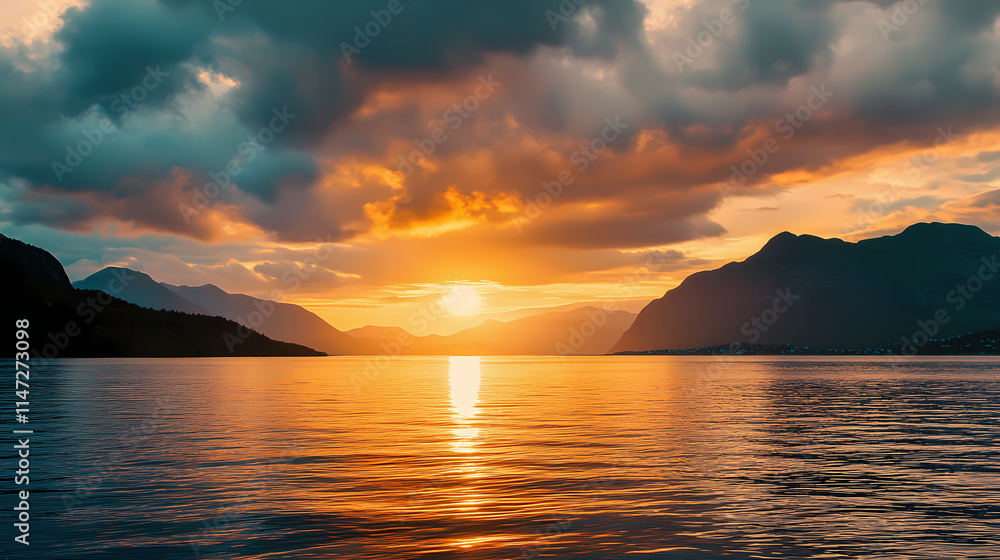 Naklejka premium Sunset in the mountains. Fjordic. Illustration