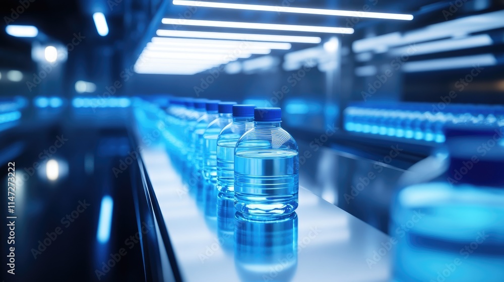 Water bottles with blue caps traveling through an automated assembly line under soft lighting, capturing the streamlined motion and clean design of production Water bottles with blue caps traveling through an automated assembly line under soft lighting, capturing the streamlined motion and clean design of production