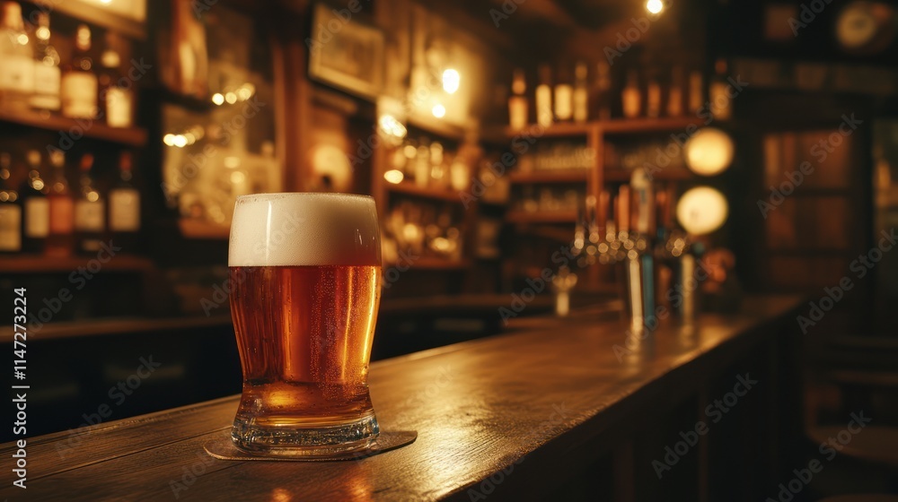 Glass of Beer on a Bar Counter Glass of Beer on a Bar Counter