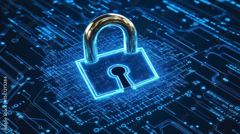 Digital security concept featuring a glowing padlock on a blue technological circuit background representing cybersecurity and data protection Digital security concept featuring a glowing padlock on a blue technological circuit background representing cybersecurity and data protection