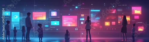 Parents and children using interactive learning apps on multiple devices, with dynamic course suggestions and colorful user interfaces, ultradetailed, bright lighting