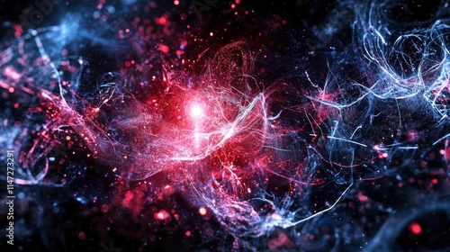 Abstract cosmic background featuring vibrant red and blue particles swirling through a dark space environment